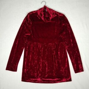 Women's Large Crimson Red Crushed Velvet Empire Waist Long Sleeve Mini Dress